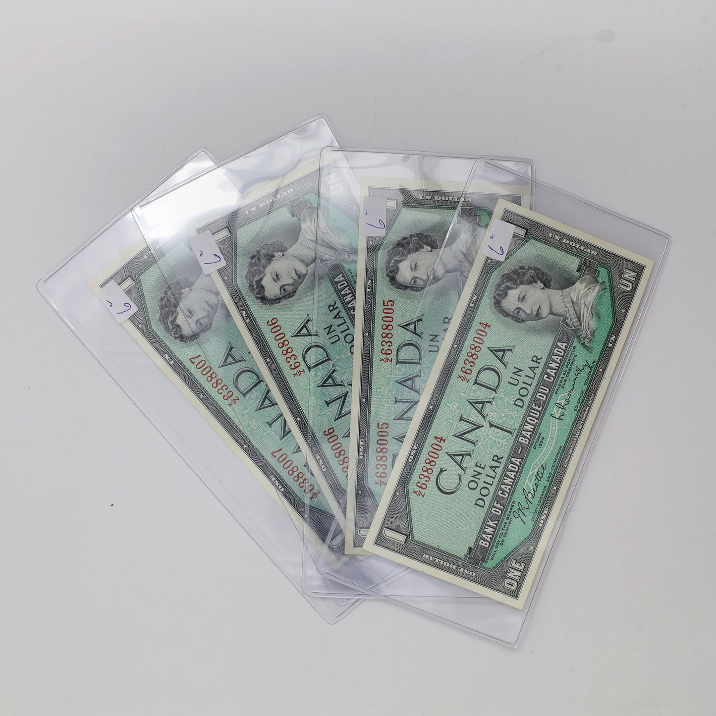 Lot of 4x Sequential 1954 Canada $1 Beattie-Rasminsky Notes, X/Z, 4pcs