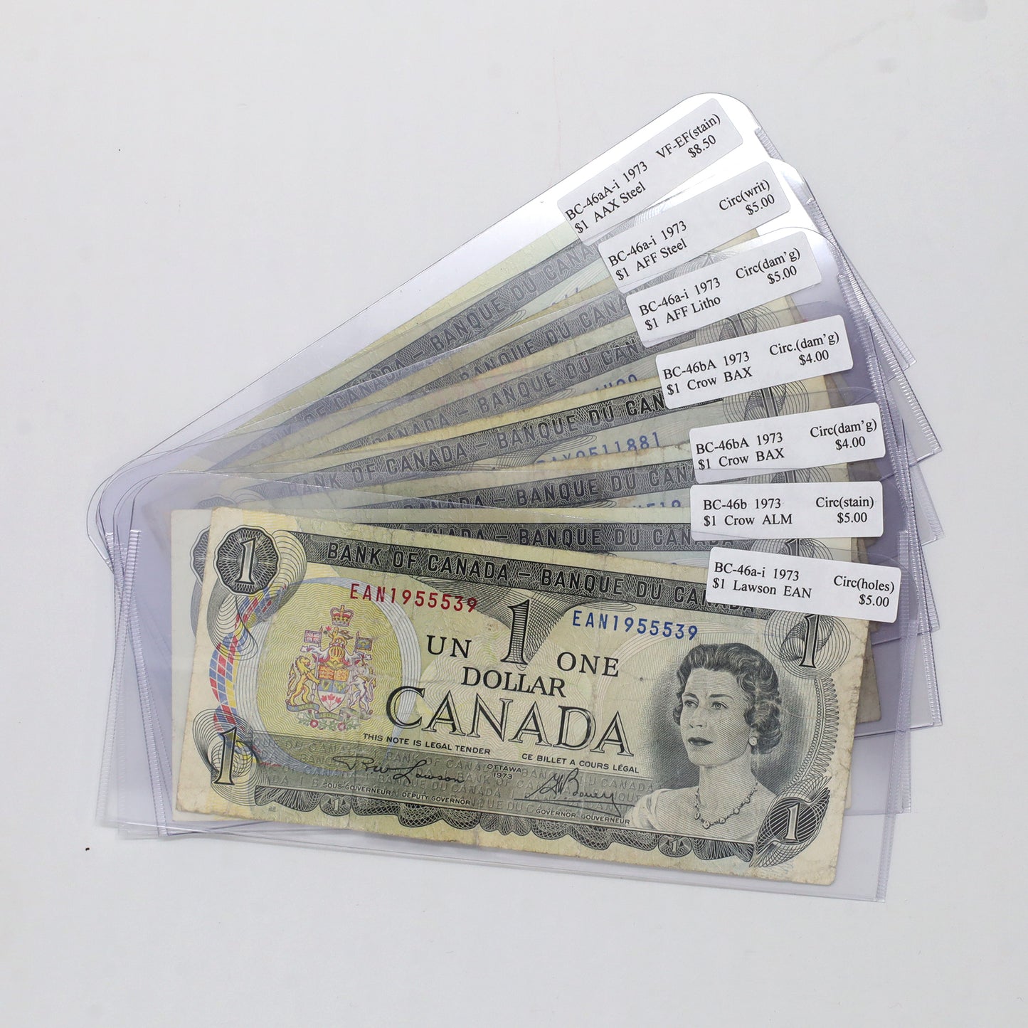 Lot of 7x 1973 Canada $1 Bouey Notes, Various Prefixes, Circulated, 7pcs