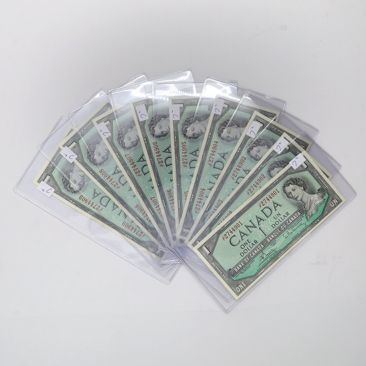 Lot of 9x Sequential 1954 Canada $1 Bouey-Rasminsky Notes, J/F, 9pcs