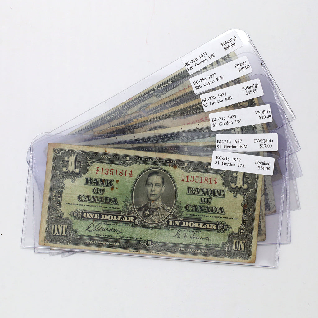 Lot of 6x 1937 Canada $1, $2, $20 Notes, Var. Prefixes & Sign. Combos, Fine to VF, 6pcs