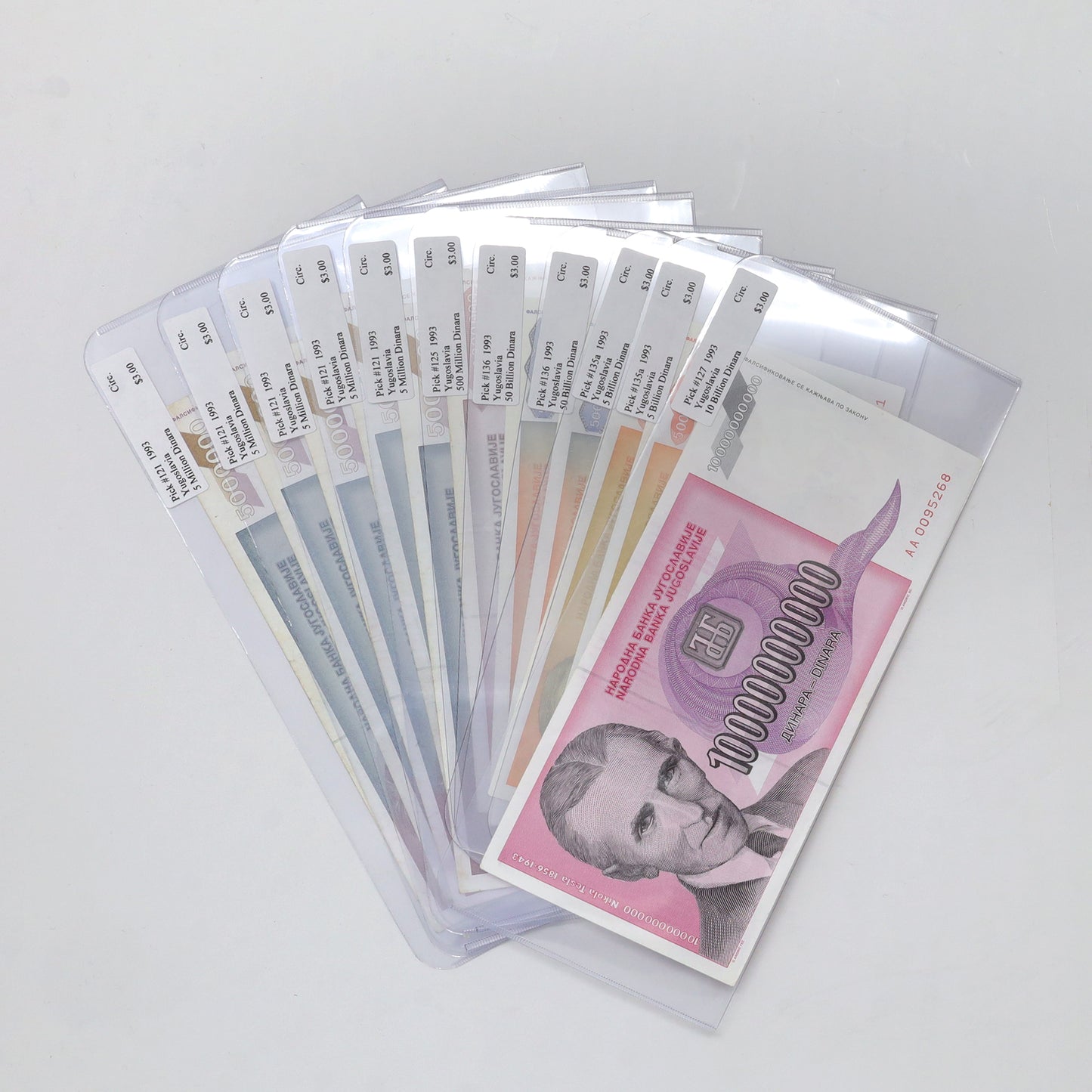 Lot of 11x Yugoslavia 1993 5 Million to 50 Billion Dinara Banknotes, Circulated, 11pcs
