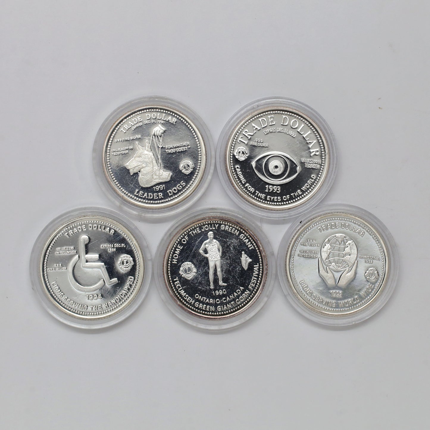 1990-1994 Canada Tecumseh Lions Club 5-Coin Fine Silver Trade Dollar Set (No Tax) issues