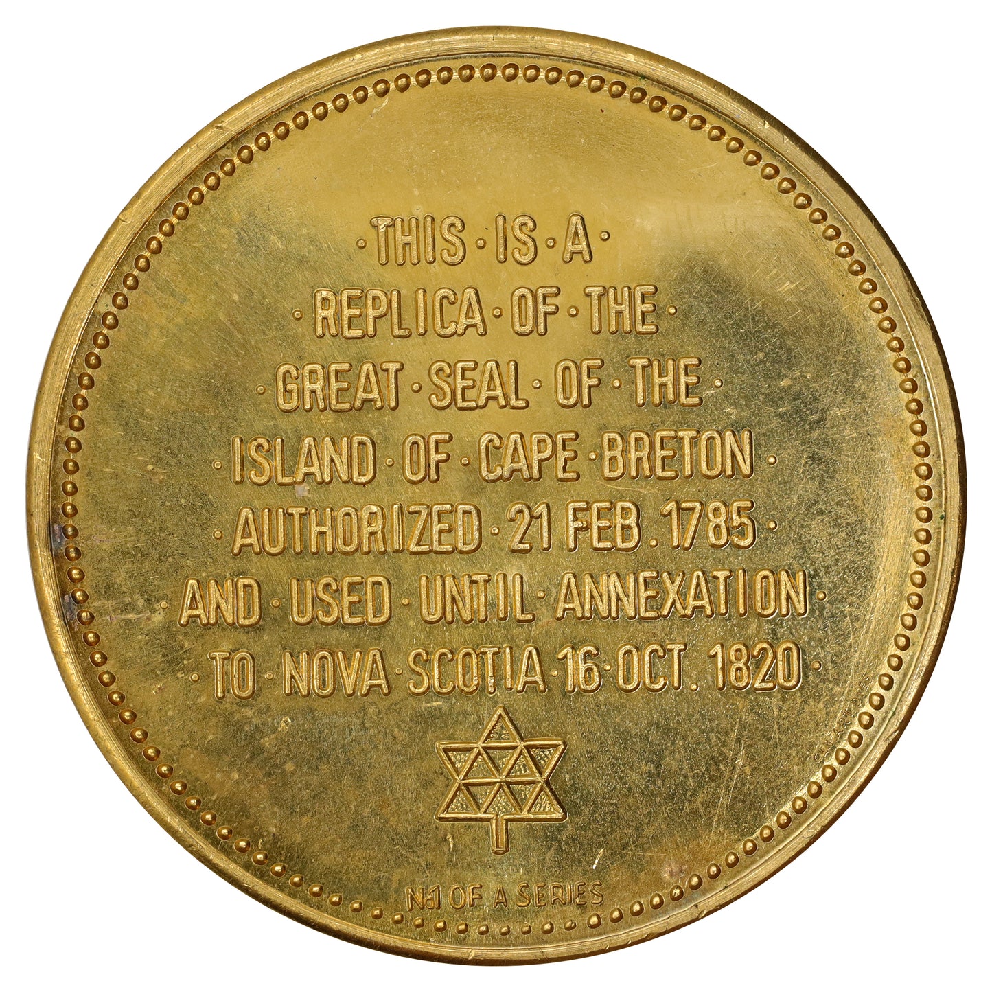 1967 Great Seal of the Island of Cape Breton Gold-Plated Replica Medallion