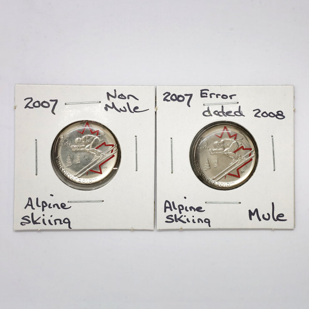 RARE Pair of 2007 & 2008 Alpine Skiing Canada 25-cents Mule & Non-Mule, 2pcs