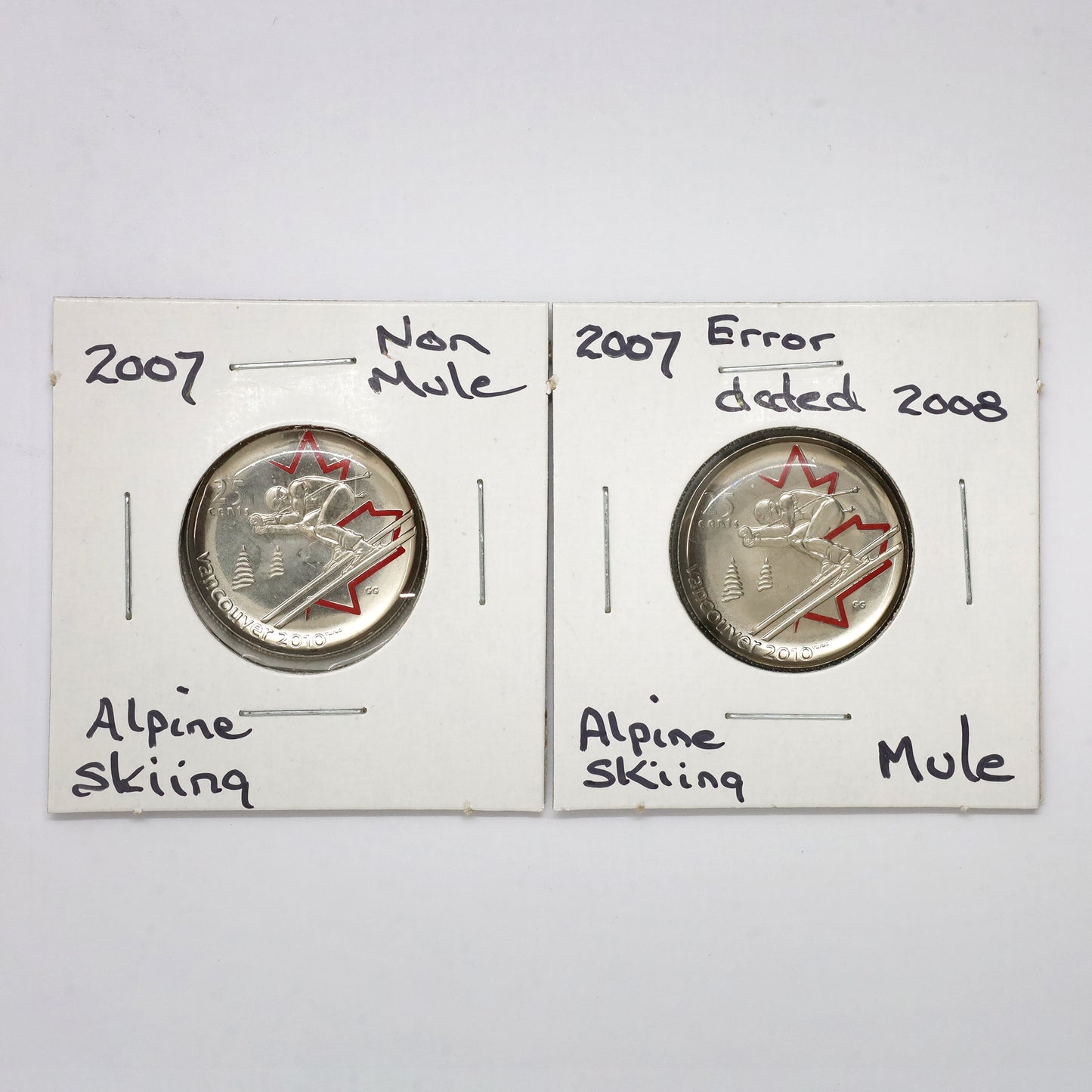 RARE Pair of 2007 & 2008 Alpine Skiing Canada 25-cents Mule & Non-Mule, 2pcs