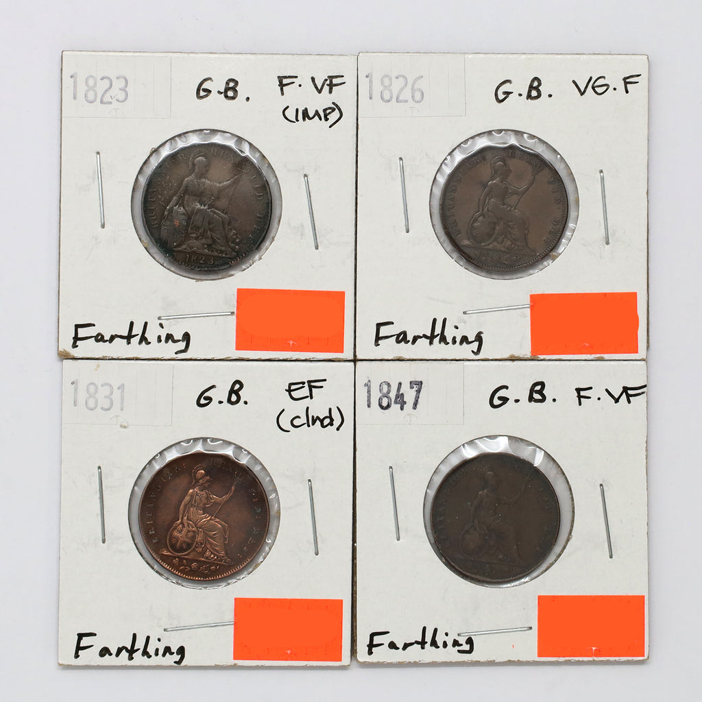 Lot of 4x Great Britain 1823-1847 Farthings VG-F to Extra Fine, 4pcs