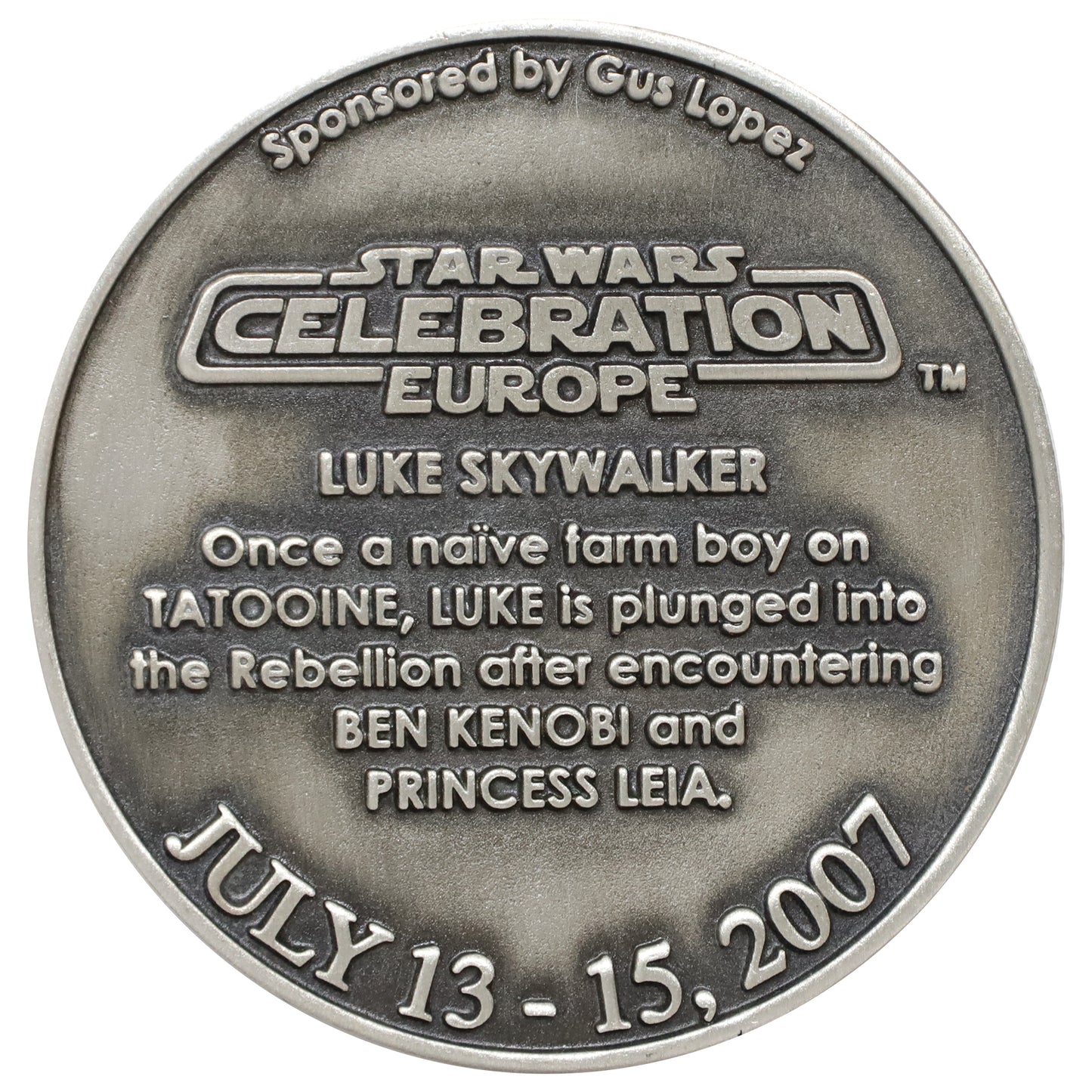 2007 Star Wars Celebration Europe Czech Republic Luke Skywalker 5 cm Medallion