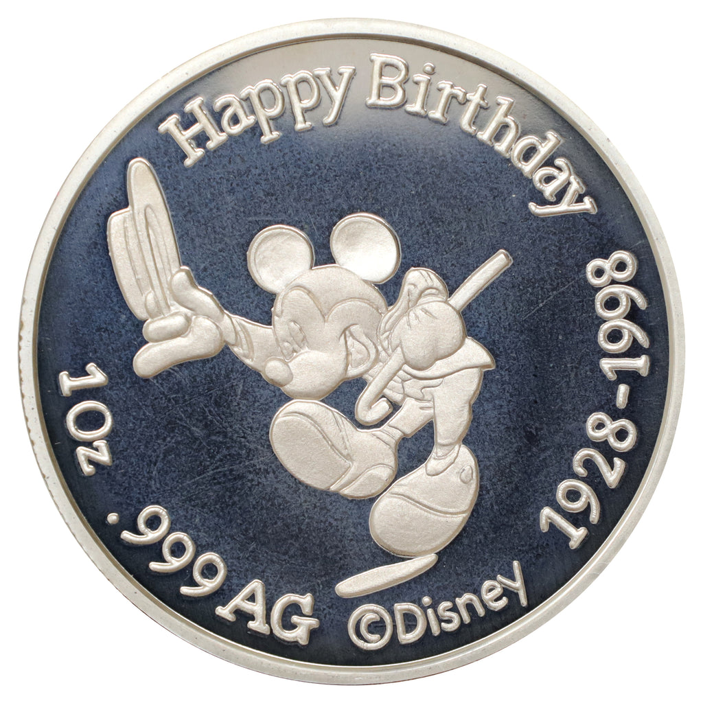 1998 USA Happy Birthday Mickey Mouse .999 Fine Silver Coin (No Tax) toned