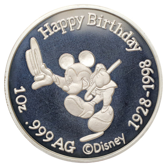 1998 USA Happy Birthday Mickey Mouse .999 Fine Silver Coin (No Tax) toned