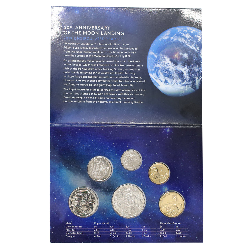 Australia 2019 50th Anniversary Moon Landing Uncirculated 6-Coin Year Set (light wear)