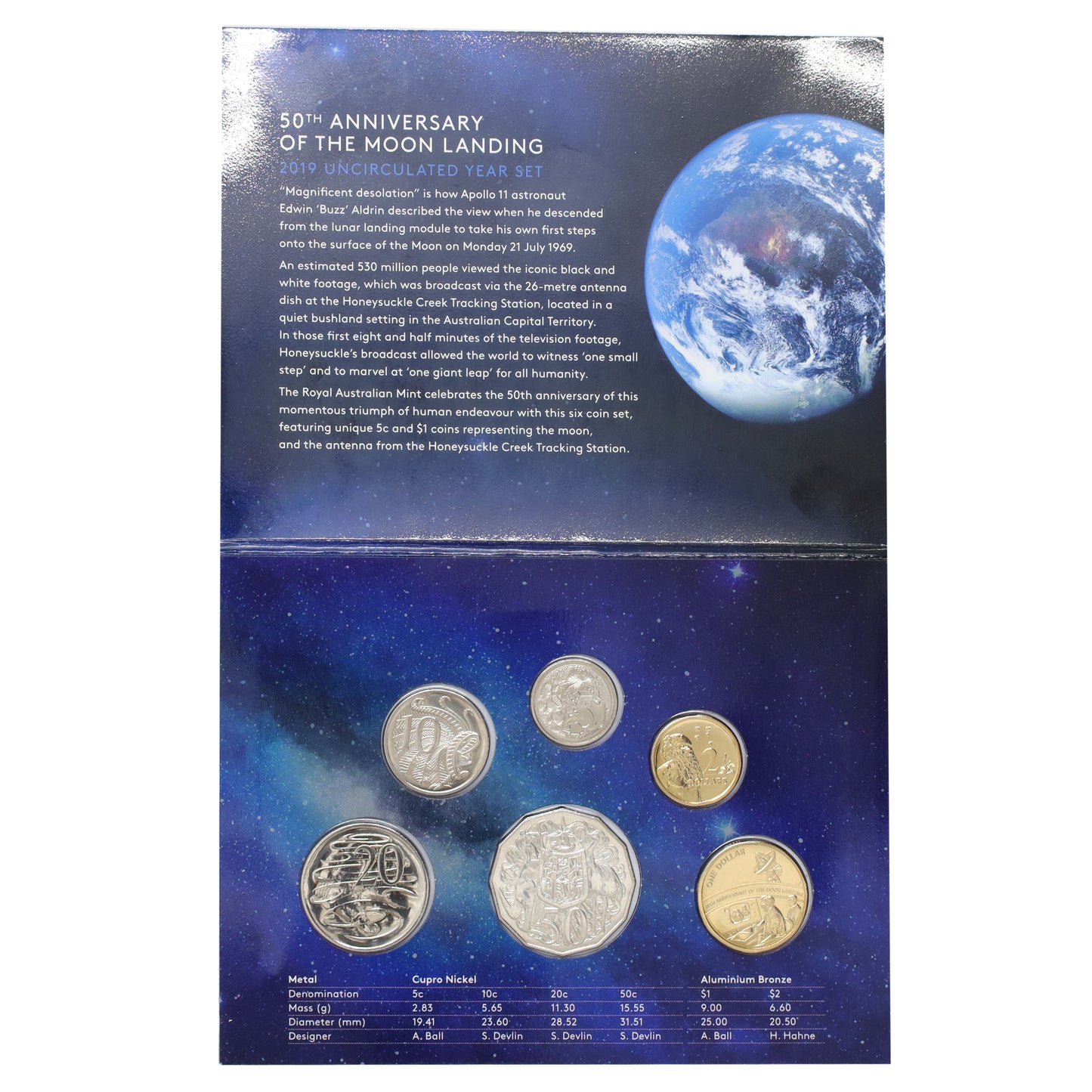 Australia 2019 50th Anniversary Moon Landing Uncirculated 6-Coin Year Set (light wear)