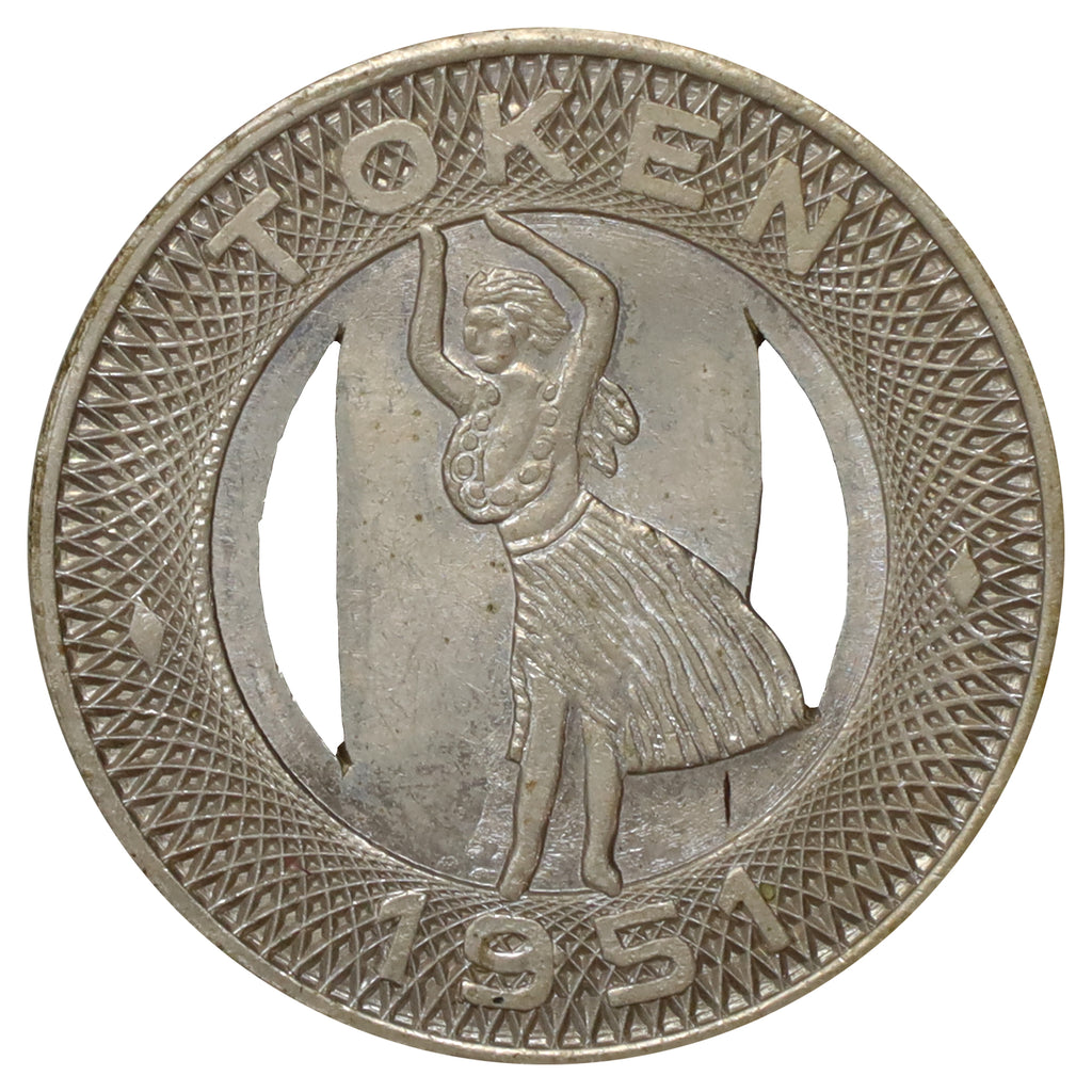 1951 Honolulu, HI, Hula Girl Bus Token in Vintage Paper Holder (wear)
