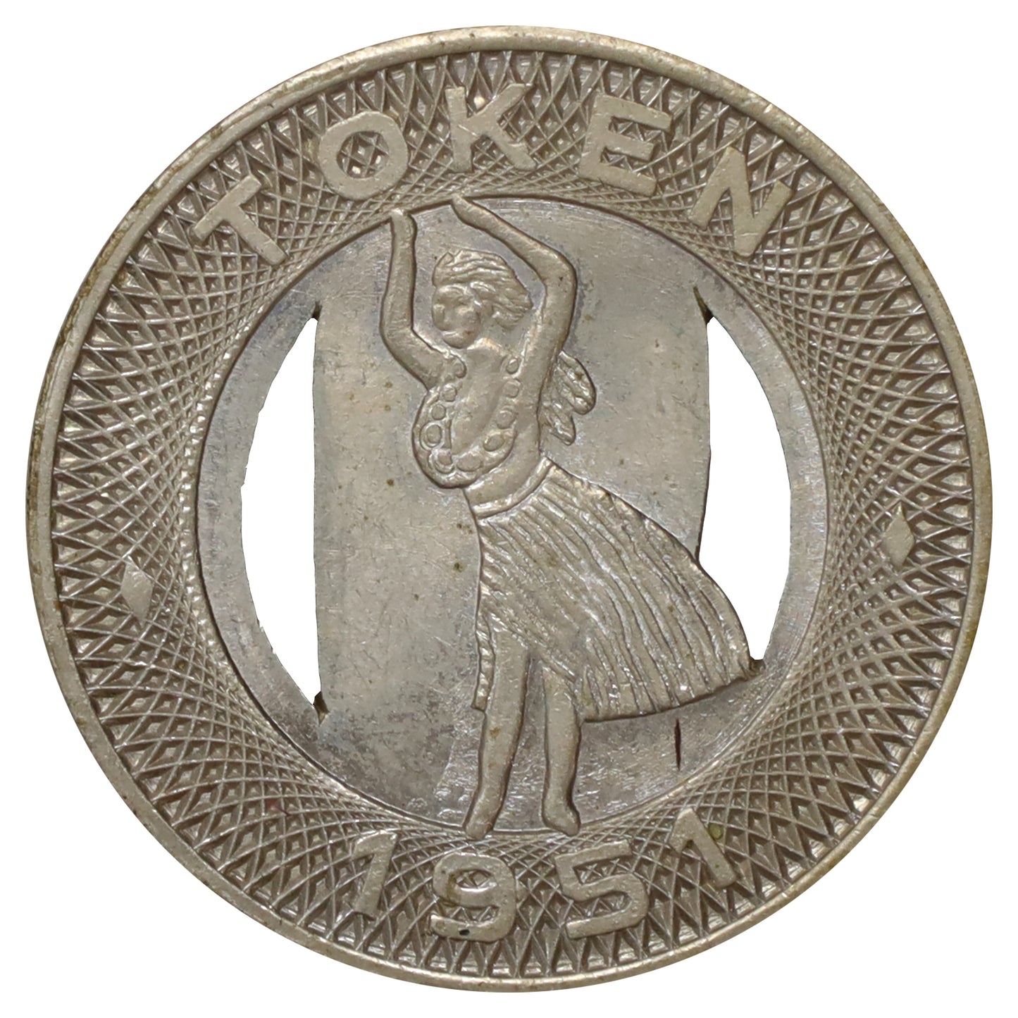1951 Honolulu, HI, Hula Girl Bus Token in Vintage Paper Holder (wear)