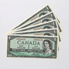 Lot of 5x Sequential 1954 Canada $1 Notes, Lawson-Bouey, Y/F, 5pcs