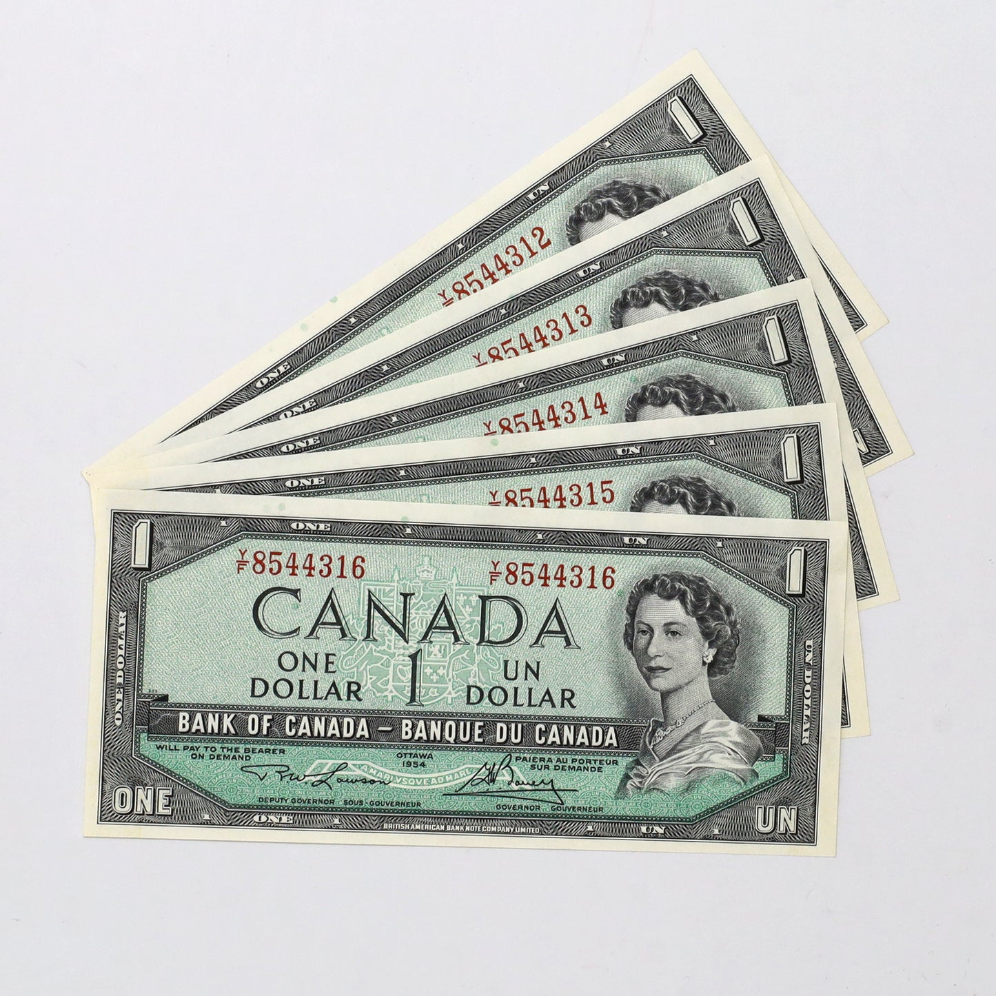 Lot of 5x Sequential 1954 Canada $1 Notes, Lawson-Bouey, Y/F, 5pcs
