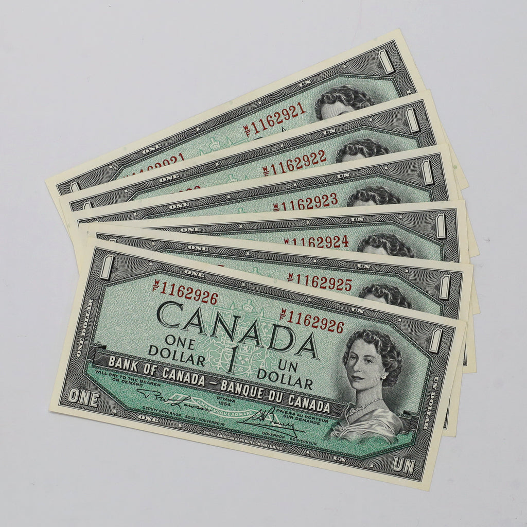 Lot of 6x Sequential 1954 Canada $1 Notes, Lawson-Bouey, W/F, 6pcs