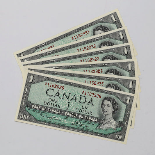 Lot of 6x Sequential 1954 Canada $1 Notes, Lawson-Bouey, W/F, 6pcs