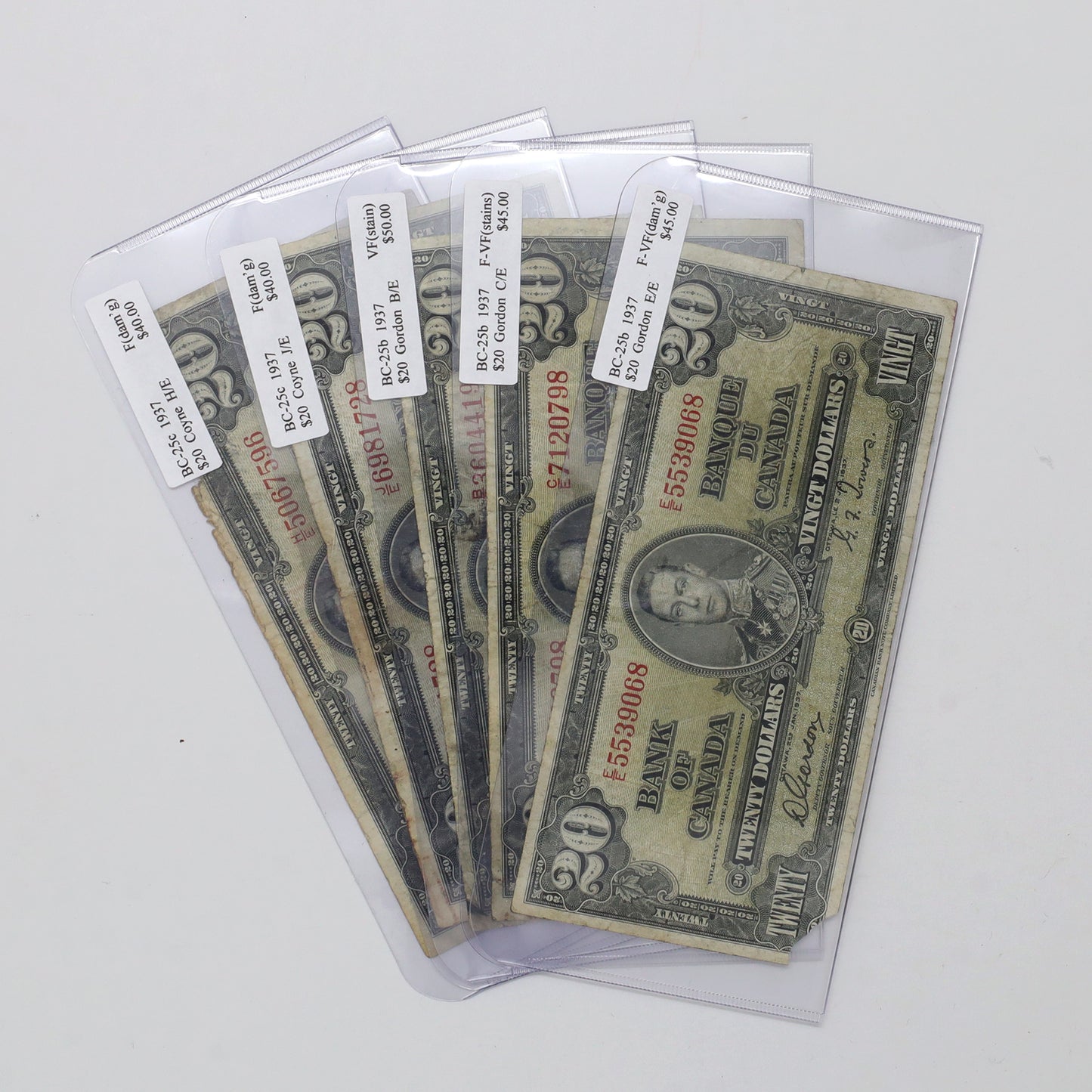 Lot of 5x 1937 Canada $20 Notes, Various Prefixes & Sign. Combos, F to VF, 5pcs (issues)