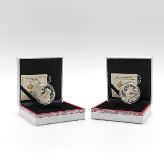 Pair of 2016 & 2018 Canada $15 Lunar Lotus Fine Silver Coins, 2pcs (No Tax) issues