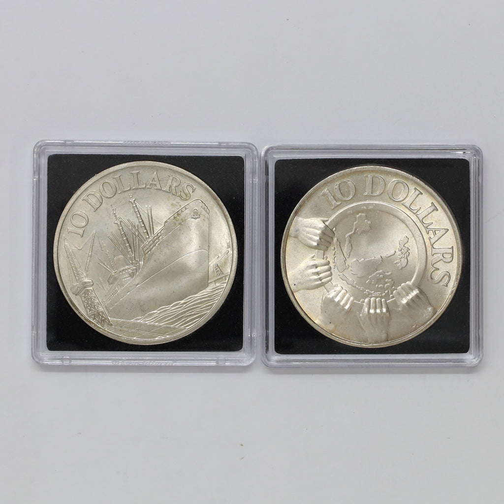 Pair of Singapore 1975 & 1977 $10 .500 Silver Coins, 2pcs