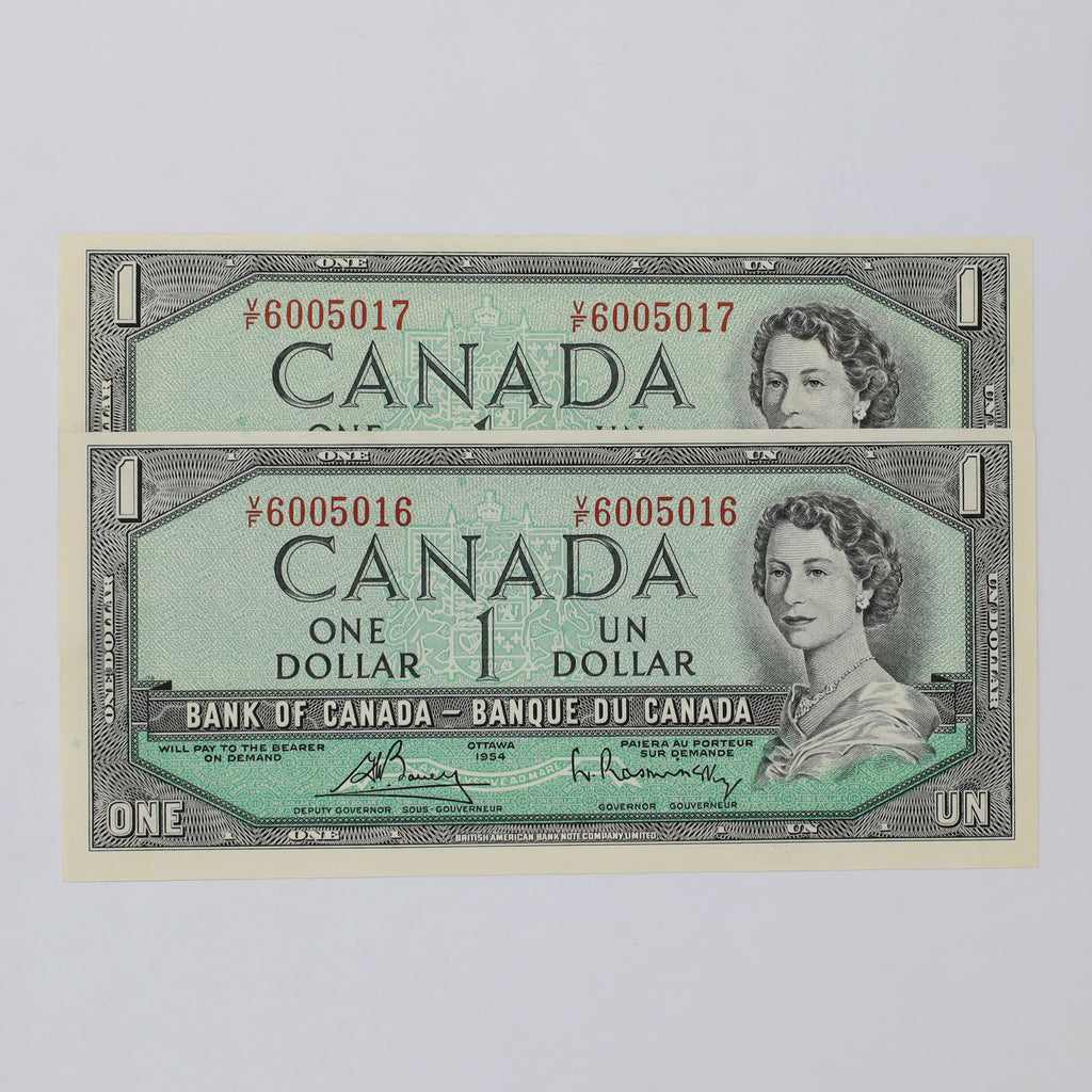 Pair of Sequential 1954 Canada $1 Bouey-Rasminsky Notes, V/F, 2pcs