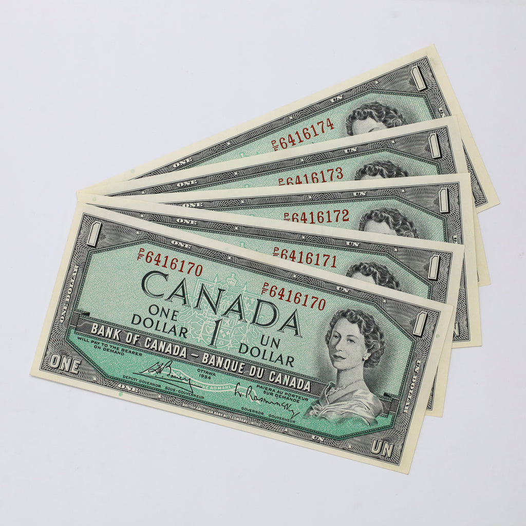 Lot of 5x Sequential 1954 Canada $1 Notes, Bouey-Rasminsky, P/F, 5pcs