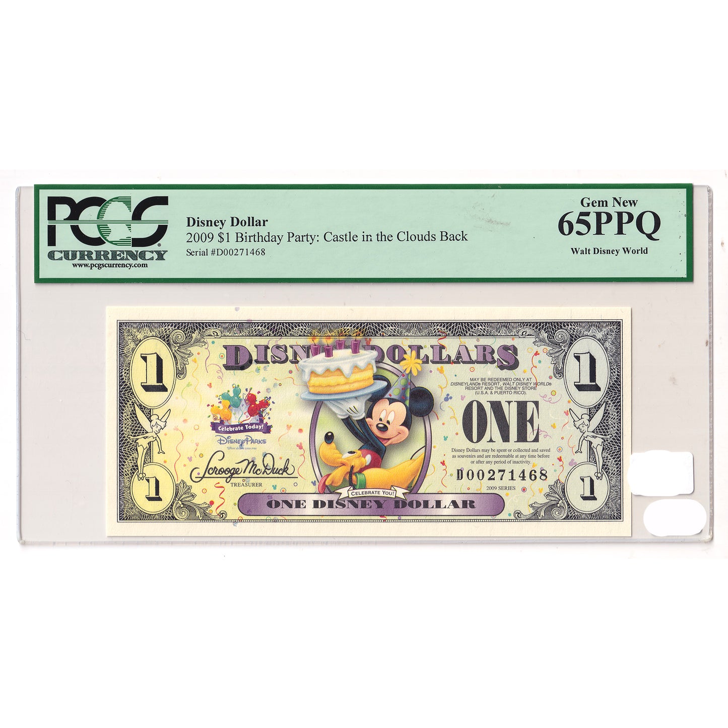 2009 USA Disney Dollar: Birthday Party Castle in the Clouds PCGS Certified GUNC65