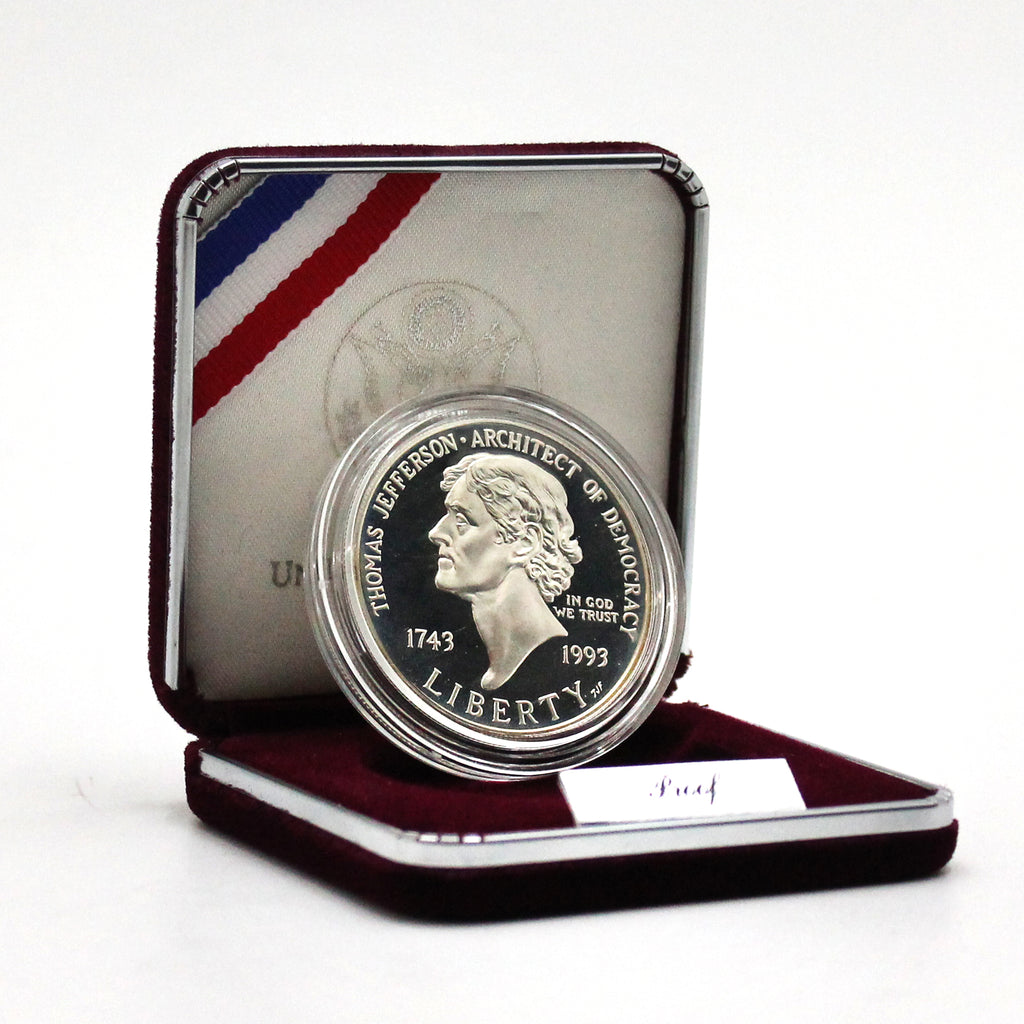 1993 USA Thomas Jefferson 250th Anniversary .900 Proof Silver Dollar (light wear)