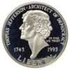 1993 USA Thomas Jefferson 250th Anniversary .900 Proof Silver Dollar (light wear)