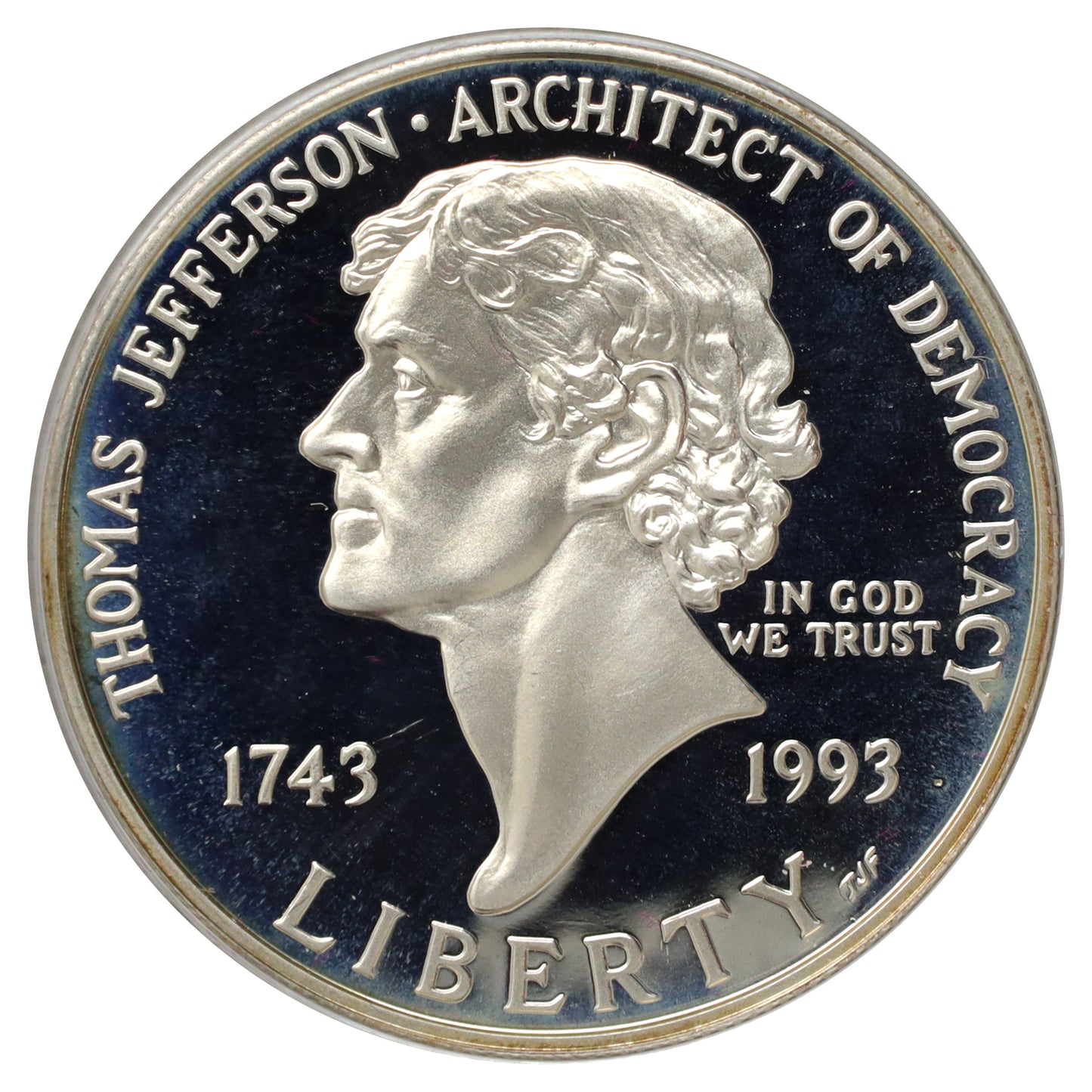 1993 USA Thomas Jefferson 250th Anniversary .900 Proof Silver Dollar (light wear)