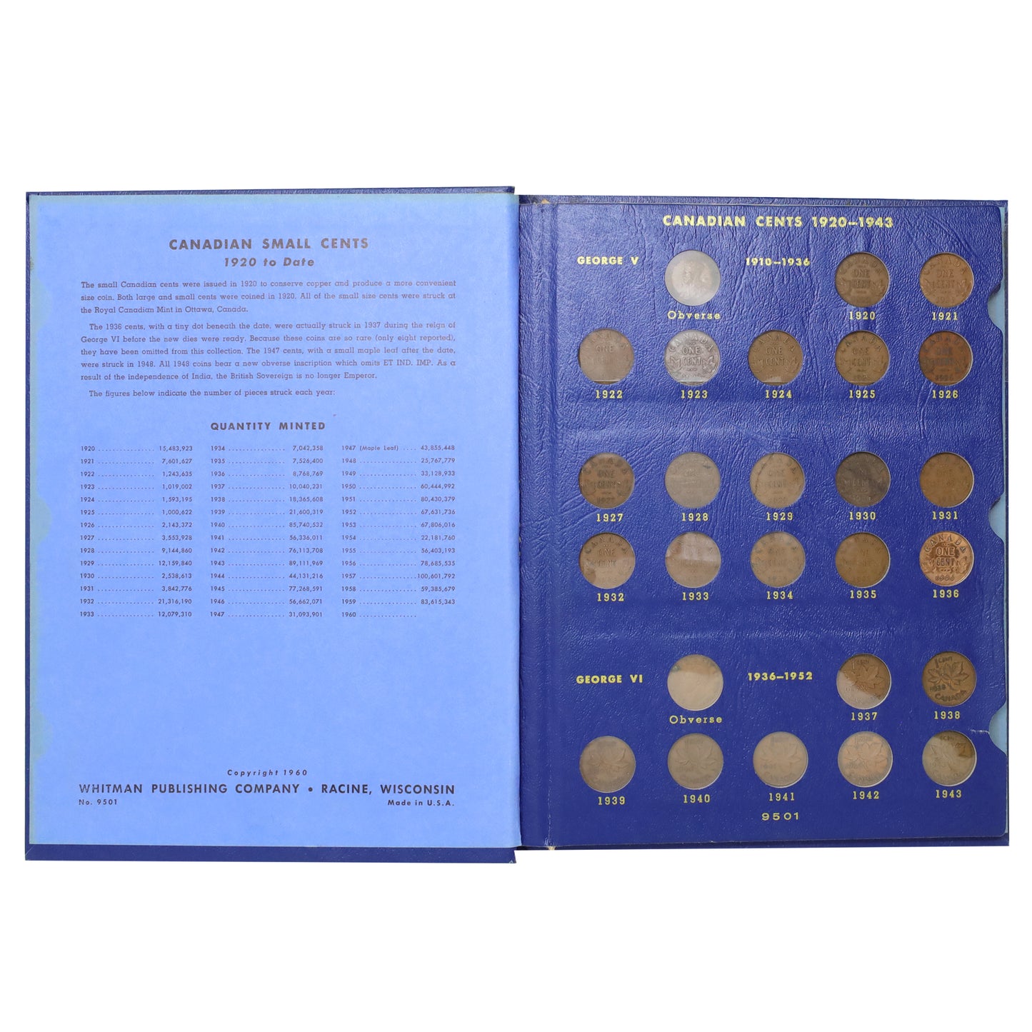COMPLETE Estate Lot of 54x 1920-1970 Canada 1-cents in Vintage Whitman Album (Key Dates!)