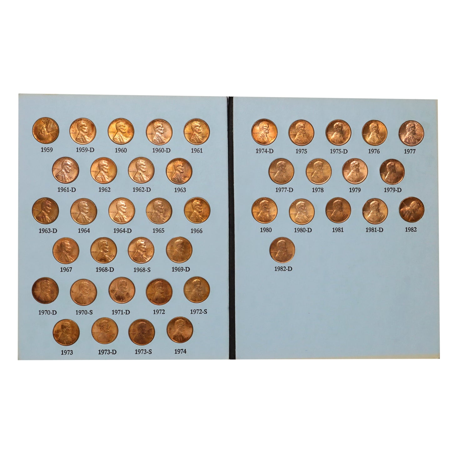 USA 1959-1982 Complete Set of Lincoln Memorial Copper Pennies in Official Album (wear)