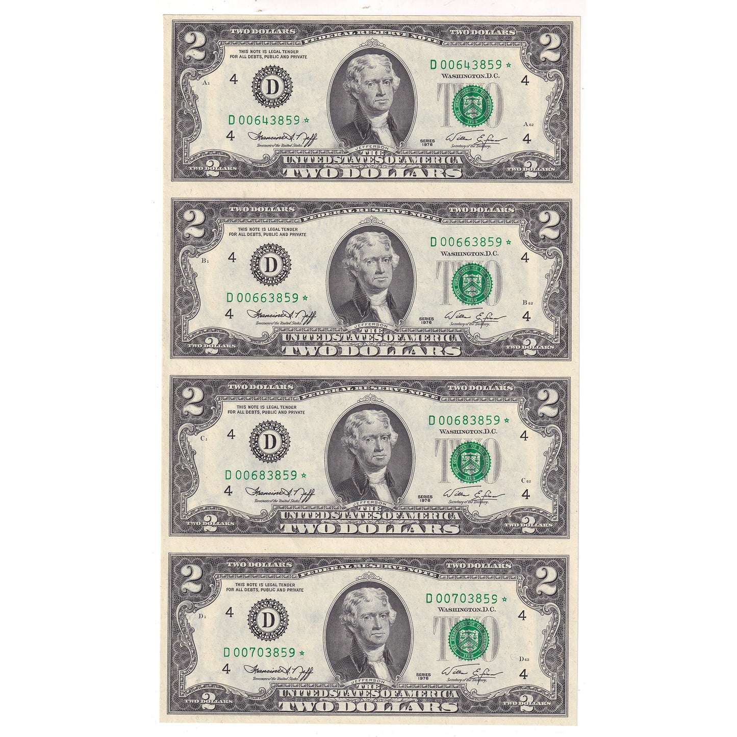 Uncut Sheet of 4x 1976 USA Cleveland, OH, $2 Notes in Official Folder, Uncirculated, 4pcs