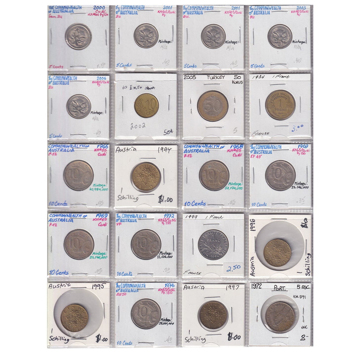 Group Lot of 60x 1863-2016 World Coins, Various Countries & Denominations, 60pcs