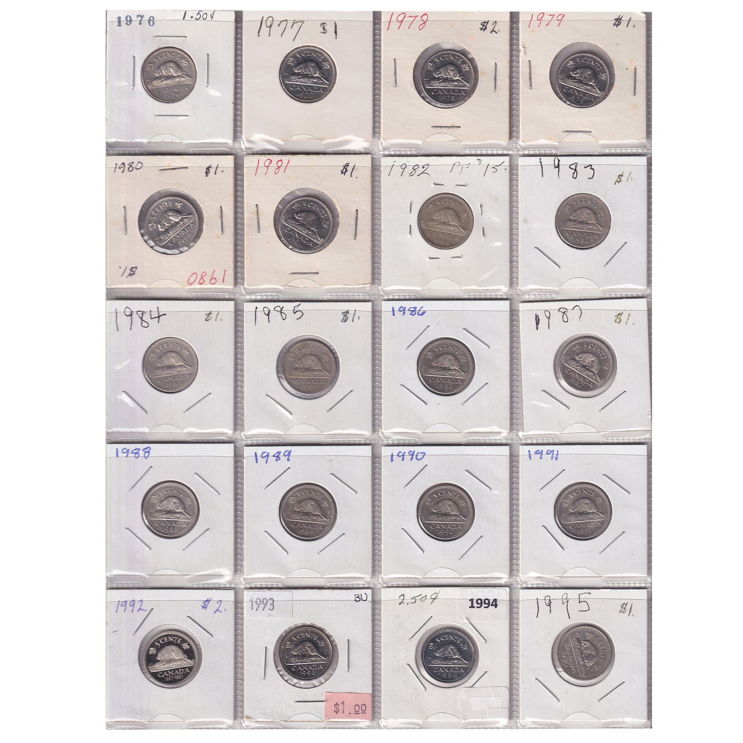Estate Lot of 319x 1970-2006 Canada 5-cents in White Binder