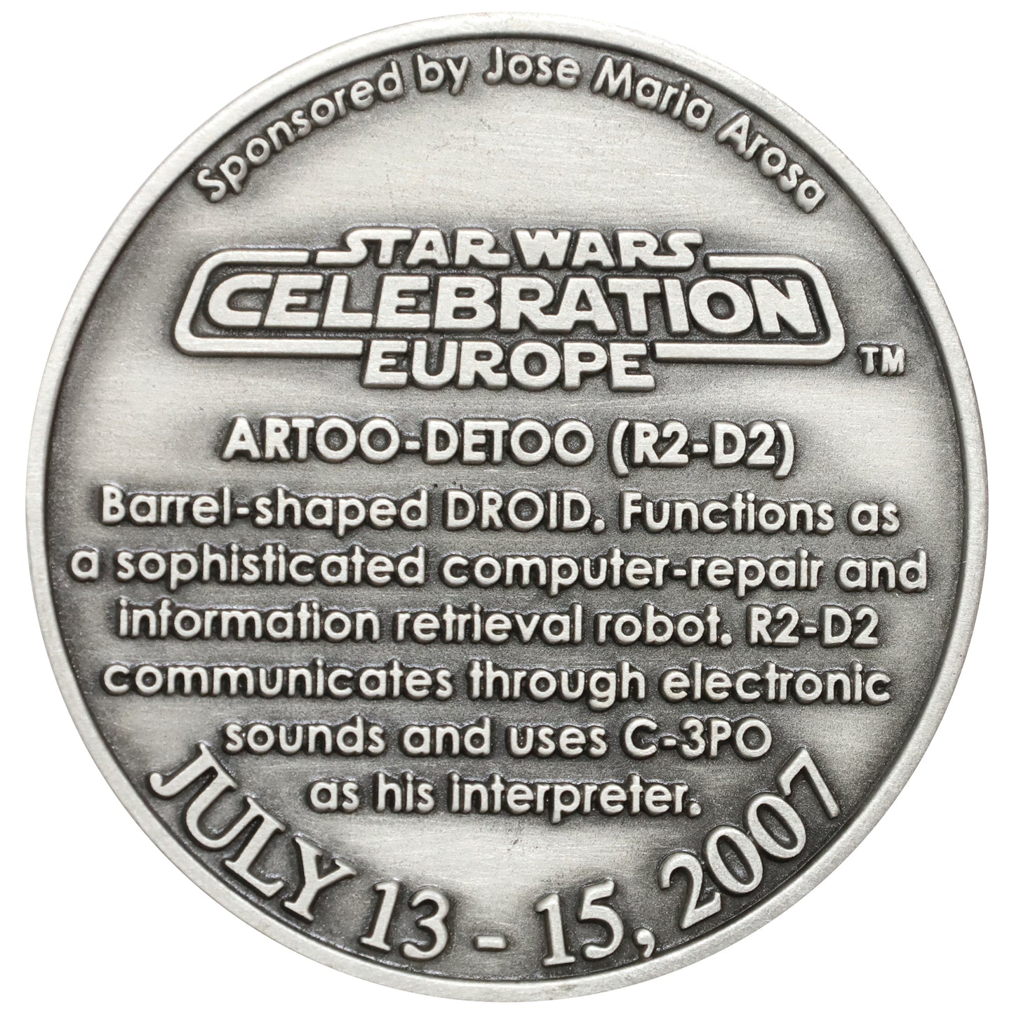 2007 Star Wars Celebration Europe Spain R2-D2 5cm Medallion