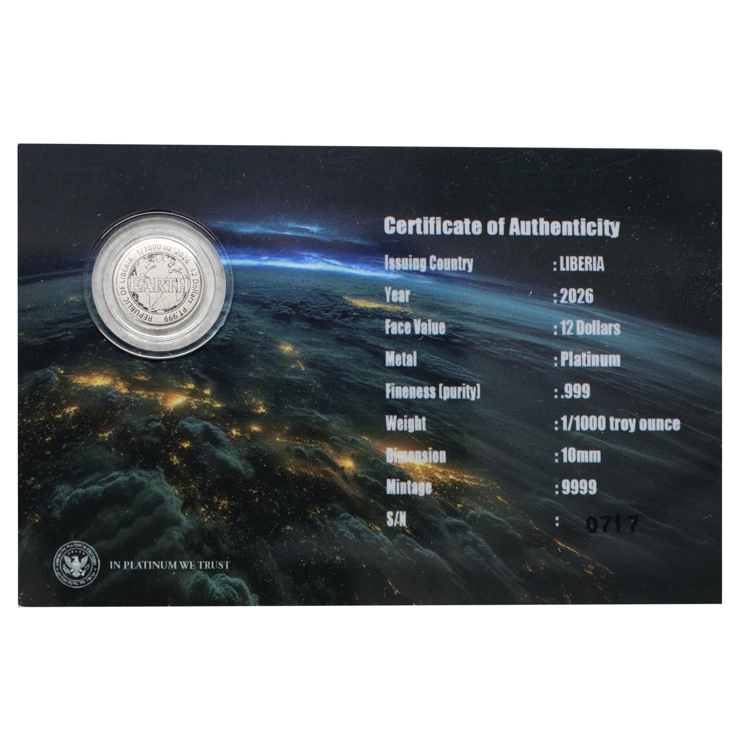 Liberia 2026 $12 EARTH 1/1000 oz. .999 Platinum Round (No Tax)