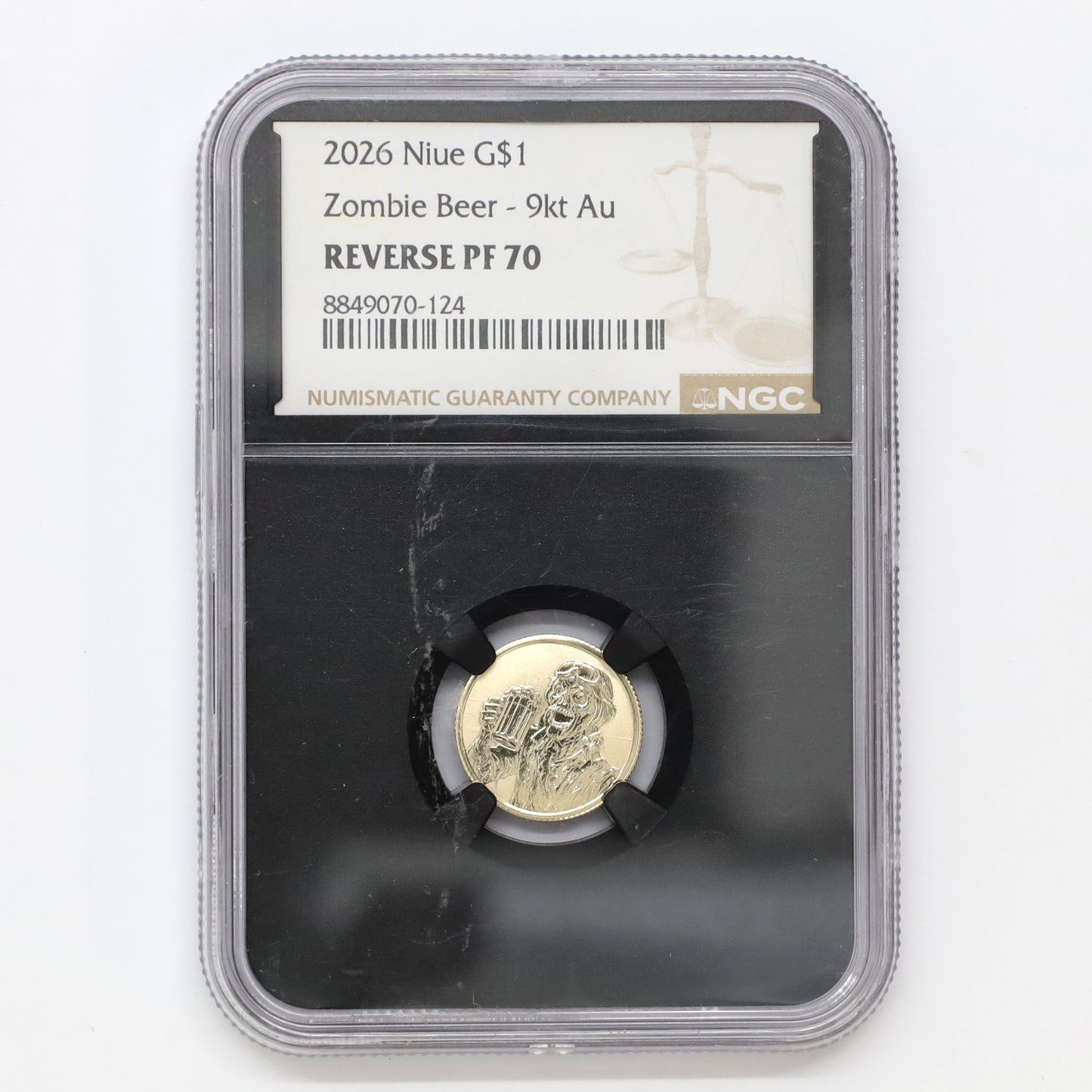Niue 2026 $1 Zombie Beer 9kt 1g Gold Coin NGC Certified Reverse PF70 (scratched case)