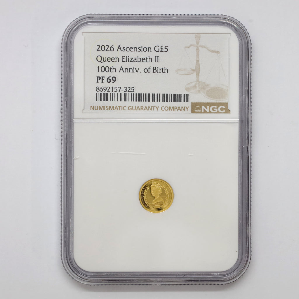 Ascension Island 2026 Elizabeth II 100th Birthday 1/2g Gold Crown NGC Cert. PF69 (No Tax)