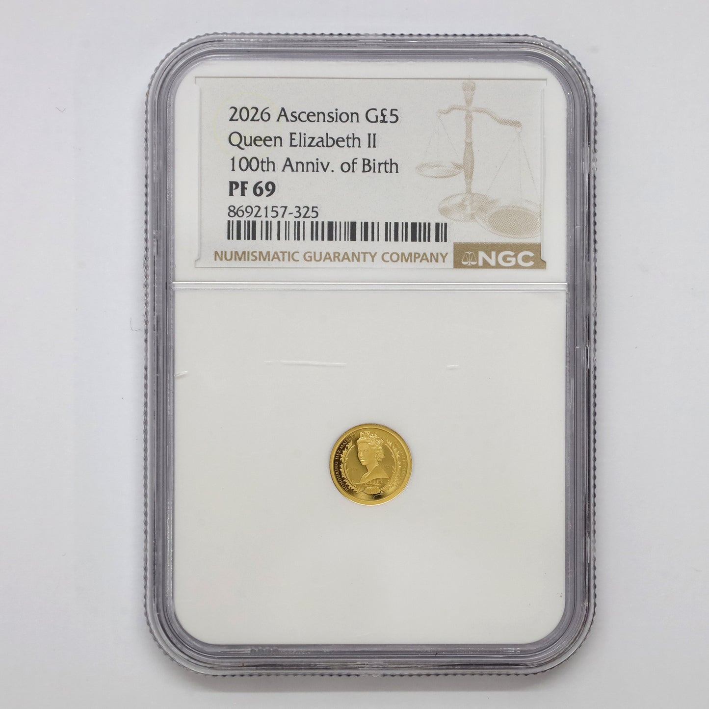 Ascension Island 2026 Elizabeth II 100th Birthday 1/2g Gold Crown NGC Cert. PF69 (No Tax)