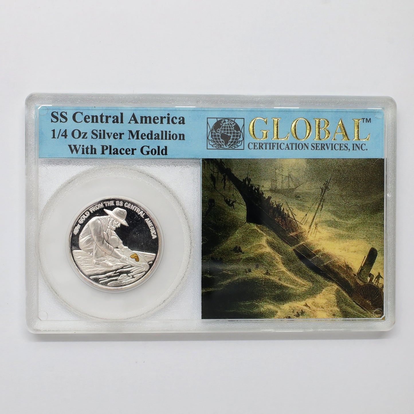 SS Central America California Gold Rush 1/4 oz. Silver Medallion in Display Case (issues)
