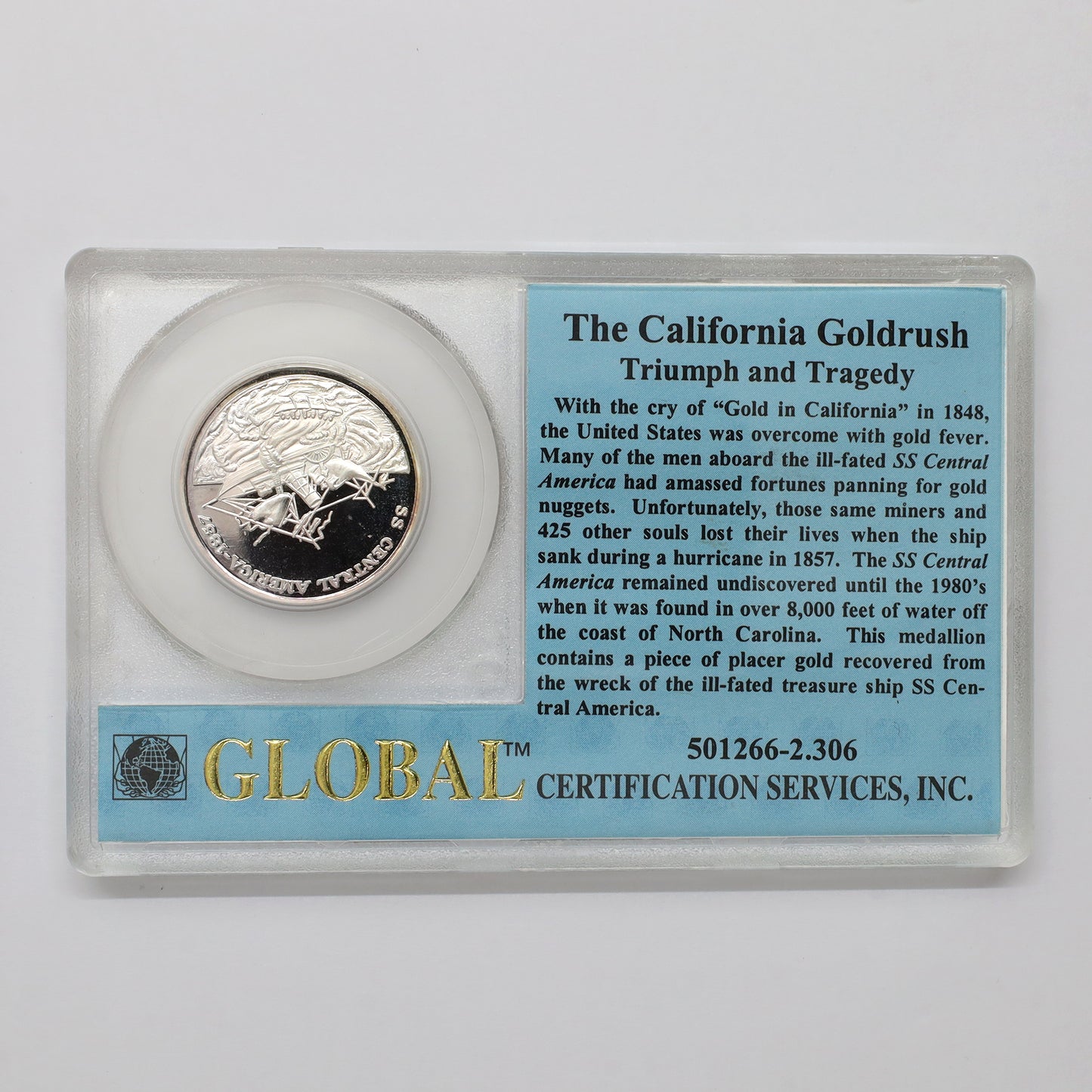 SS Central America California Gold Rush 1/4 oz. Silver Medallion in Display Case (issues)