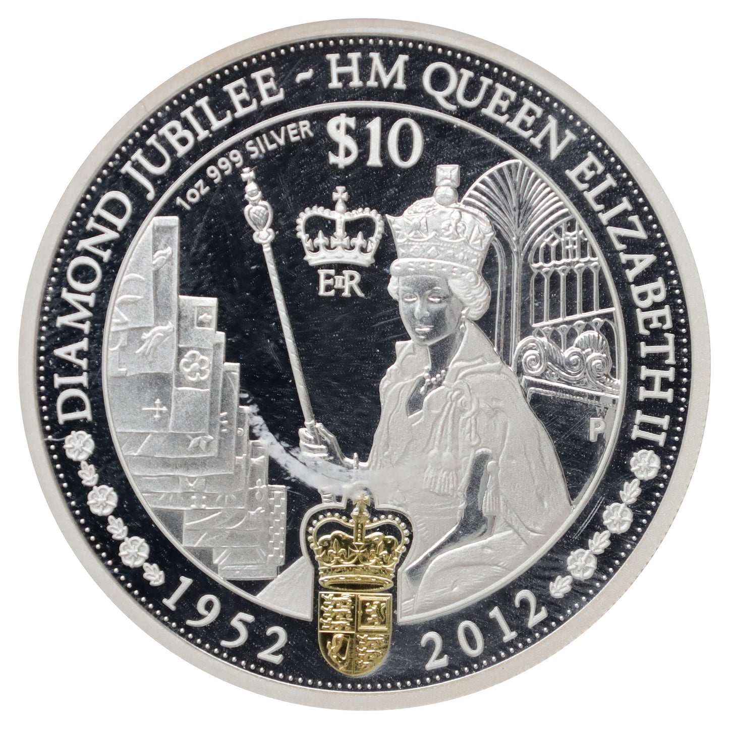 2012 Solomon Islands $10 Diamond Jubilee Elizabeth II Coronation Silver (No Tax) scr. cap