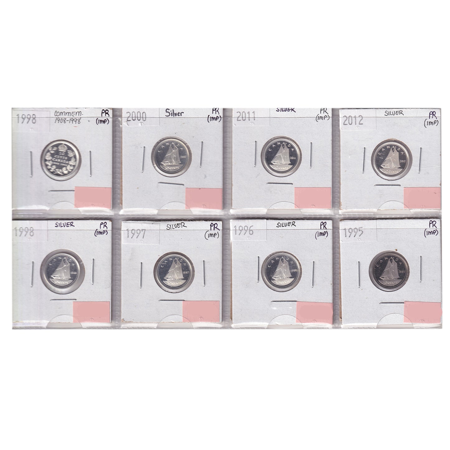 Group Lot of 8x 1995-2012 Canada 10-cents Silver Proof, 8pcs (impaired)