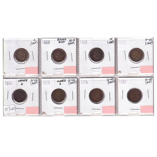 Group Lot of 8x 1859-1881 USA Cents Good to VF-EF, 8pcs (impaired)