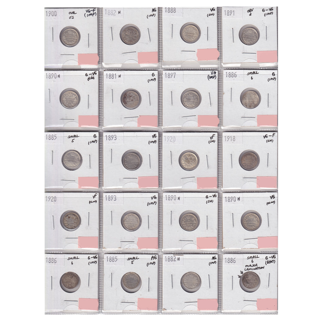 Group Lot of 20x 1881-1920 Canada 5-cents AG to VF, 20pcs (impaired)