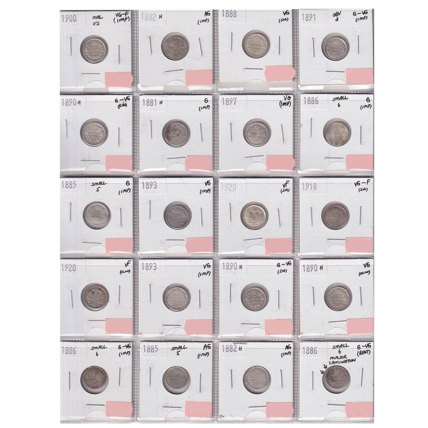 Group Lot of 20x 1881-1920 Canada 5-cents AG to VF, 20pcs (impaired)