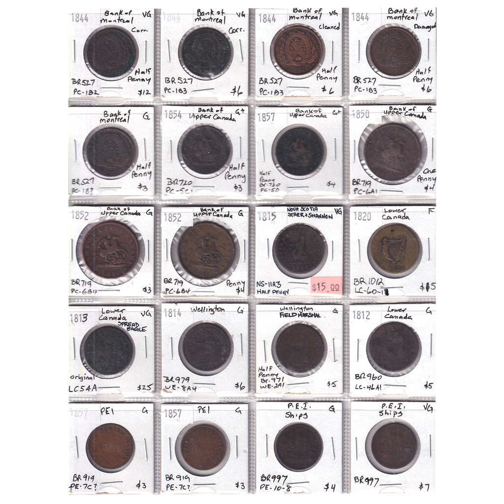 Group Lot of 20x 1812-1857 Canada Bank Tokens, Good to Very Good, 20pcs