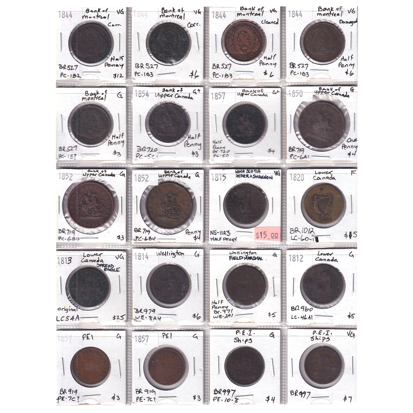 Group Lot of 20x 1812-1857 Canada Bank Tokens, Good to Very Good, 20pcs