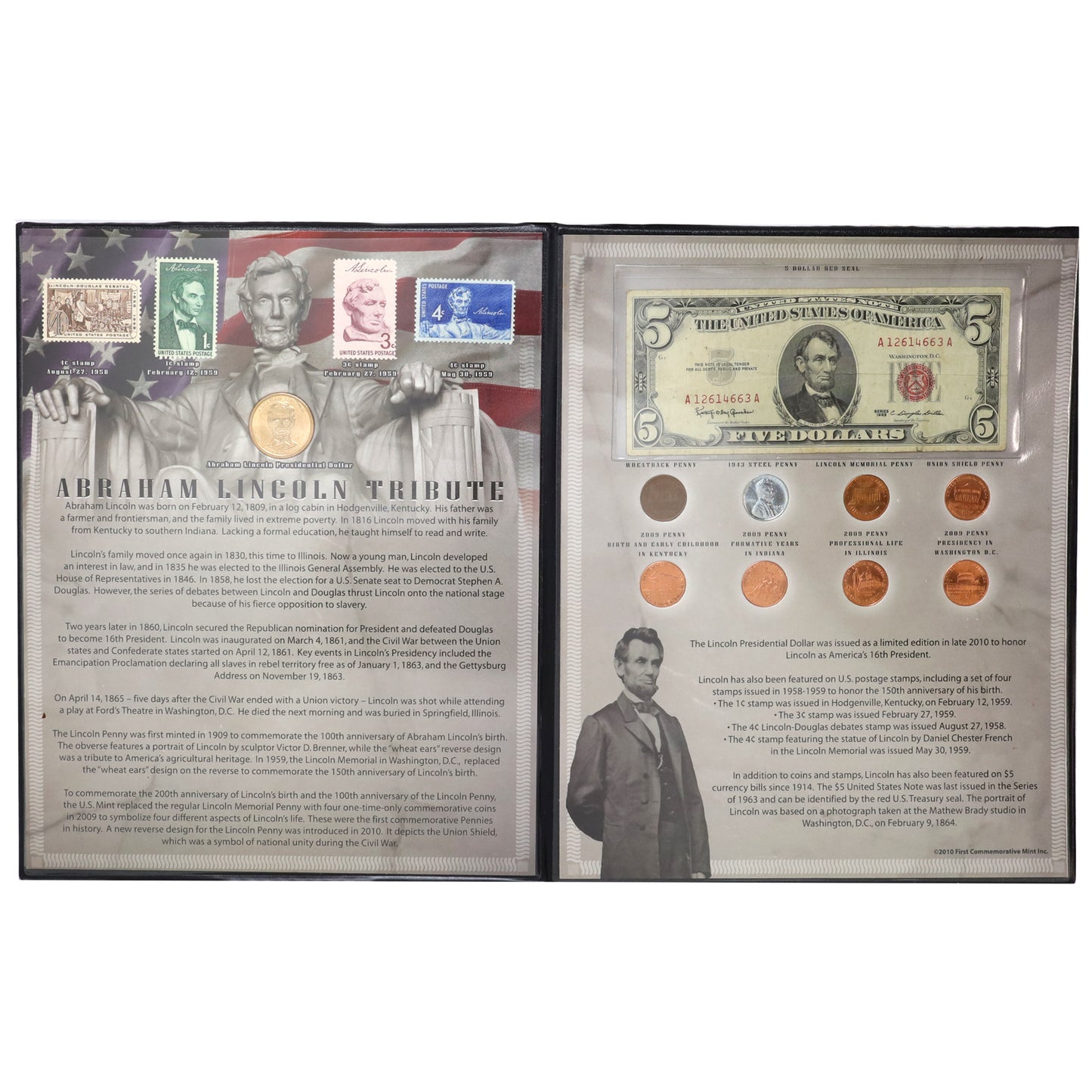2010 USA Abraham Lincoln Tribute Coin, Stamp & Banknote Collection in Folder